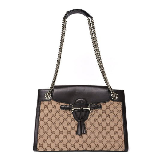 Gucci Monogram Margaux Calfskin Large Emily Chain Shoulder Bag Beige Ebony Cocoa
