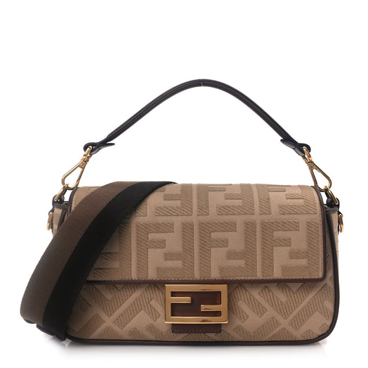 Fendi Sardinian Jacquard Vitello King FF 1974 Embroidered Baguette Sand Ghianda