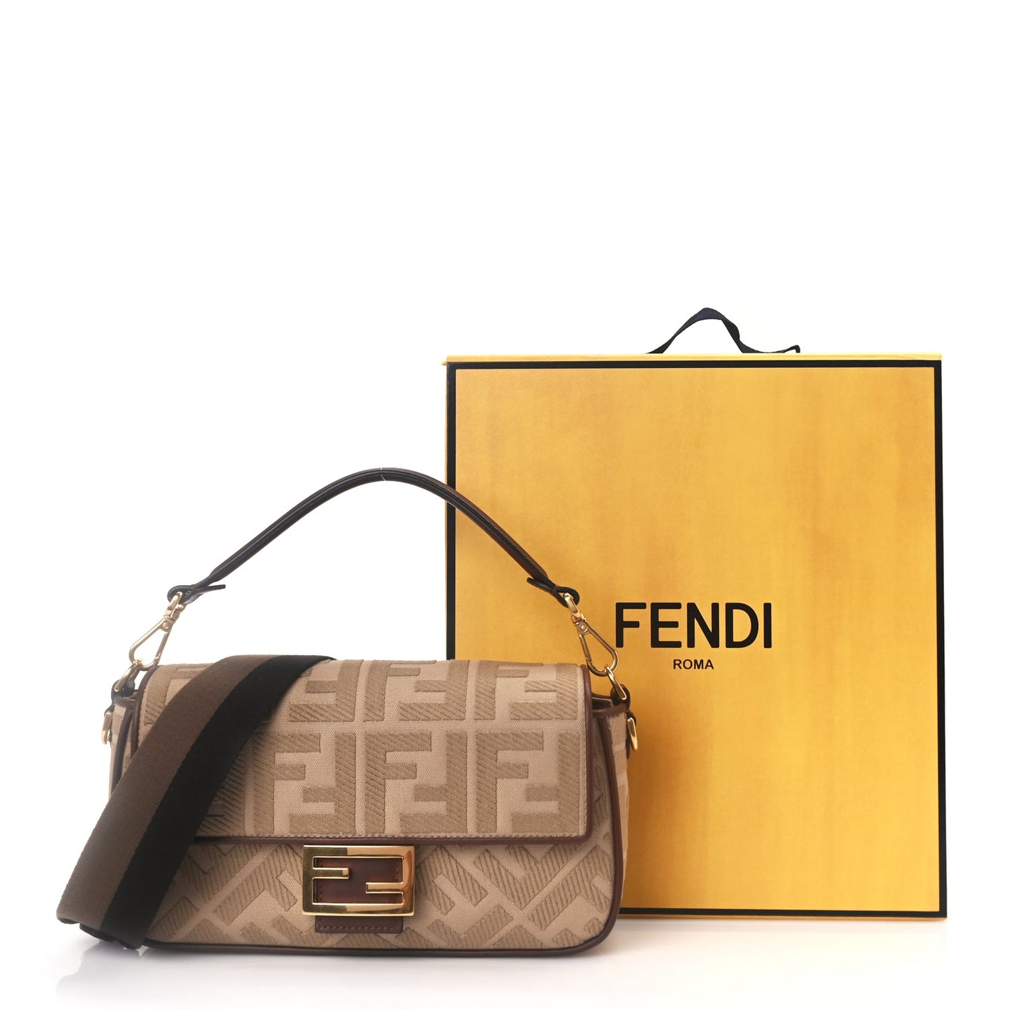 Fendi Sardinian Jacquard Vitello King FF 1974 Embroidered Baguette Sand Ghianda