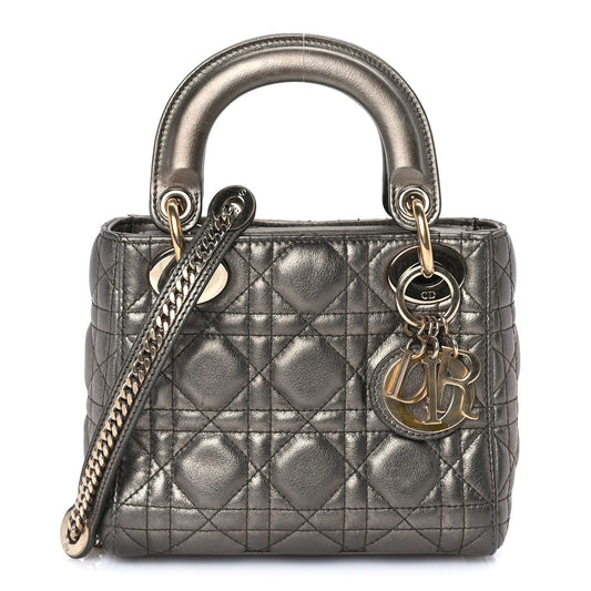 Christian Dior Metallic Lambskin Cannage Mini Lady Dior Dark Grey