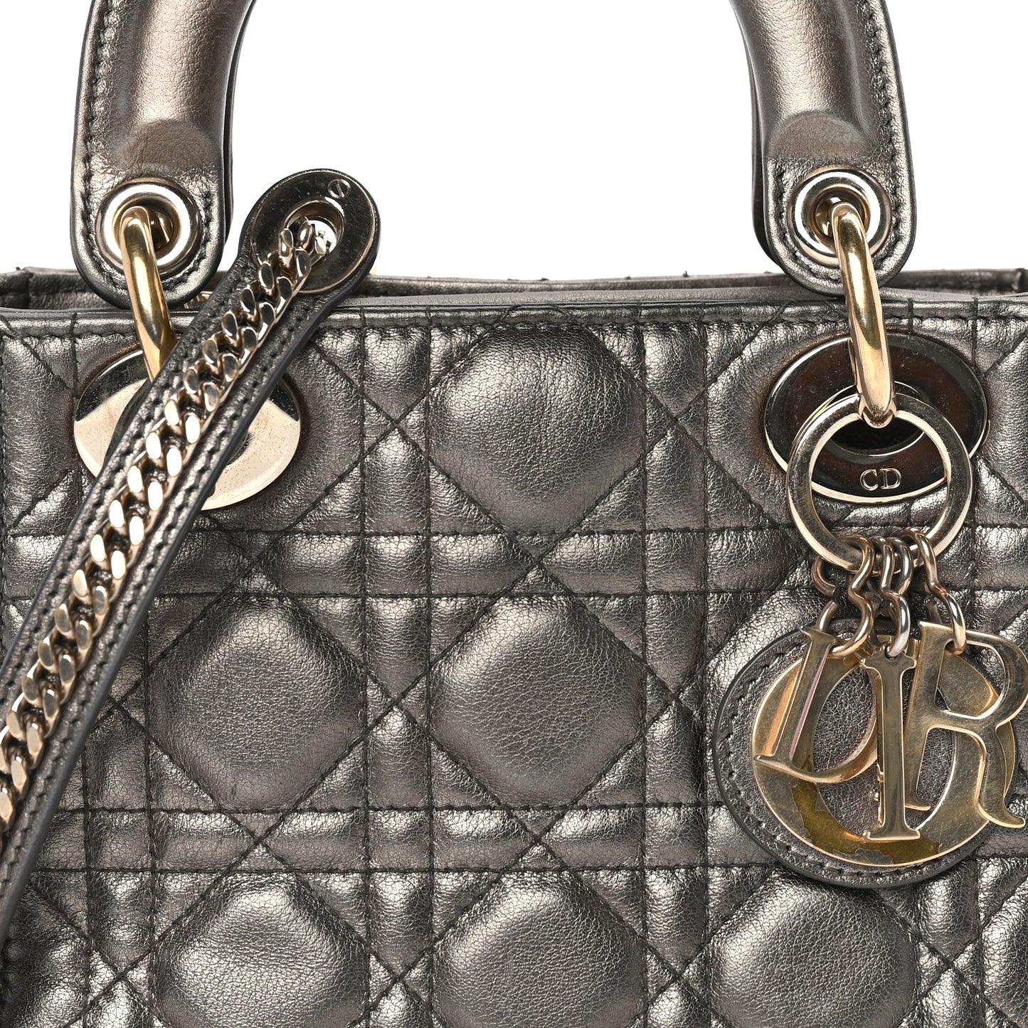 Christian Dior Metallic Lambskin Cannage Mini Lady Dior Dark Grey