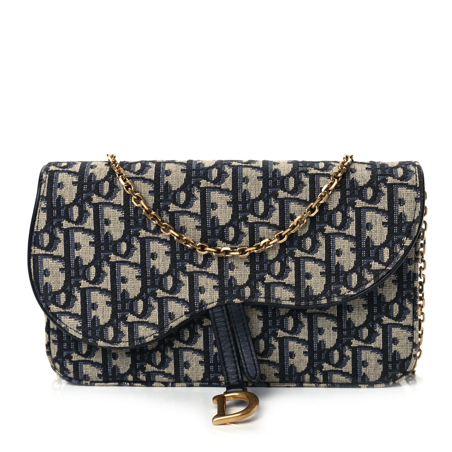 Christian Dior Oblique Medium Saddle Pouch With Chain Blue