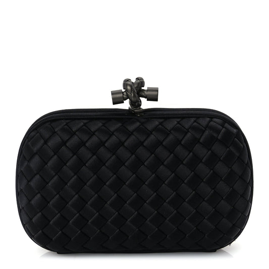 Bottega Veneta Satin Intrecciato Mesh Woven Knot Clutch Black