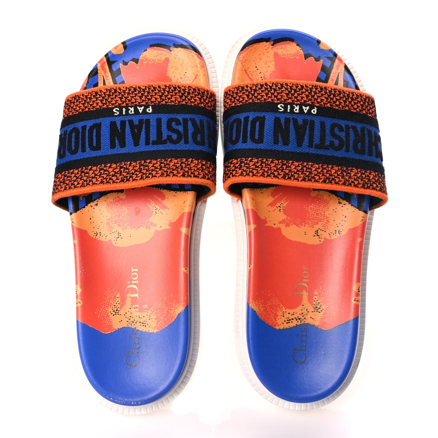 Christian Dior Canvas D-Flower Pop Embroidered Dway 10mm Slide Sandals 37.5 Blue Orange