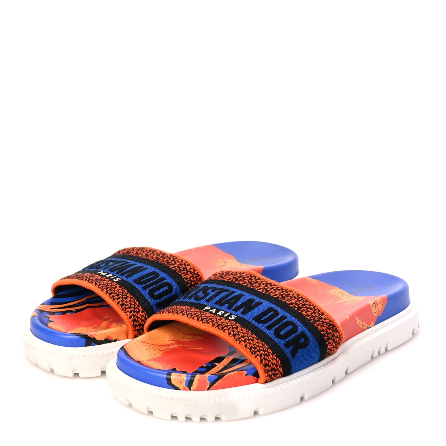 Christian Dior Canvas D-Flower Pop Embroidered Dway 10mm Slide Sandals 37.5 Blue Orange