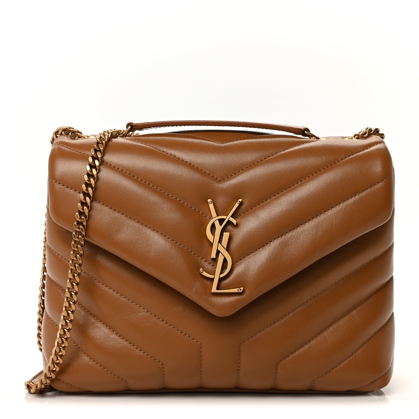 Saint Laurent Calfskin Y Quilted Monogram Small Loulou Chain Satchel  Dark Natural