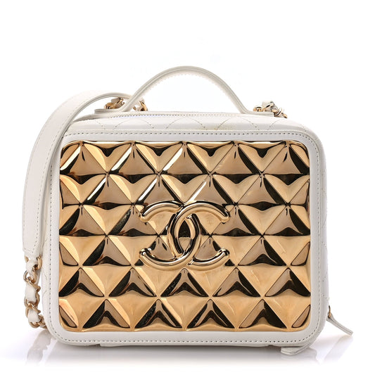 Chanel Lambskin Quilted Golden Plate Vanity Case White Gold