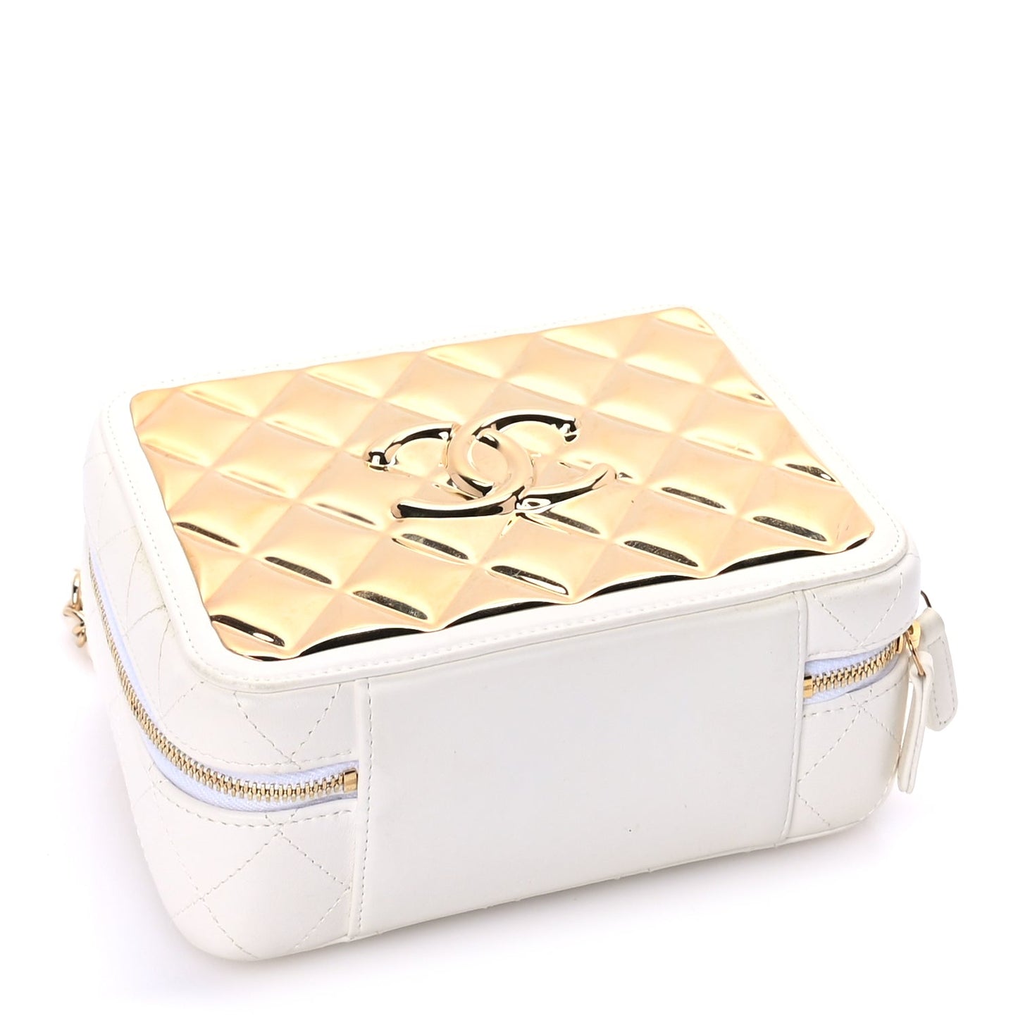 Chanel Lambskin Quilted Golden Plate Vanity Case White Gold