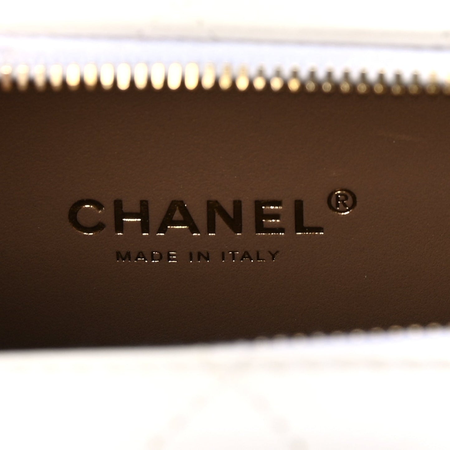 Chanel Lambskin Quilted Golden Plate Vanity Case White Gold