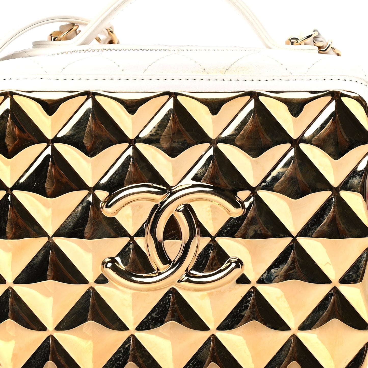 Chanel Lambskin Quilted Golden Plate Vanity Case White Gold