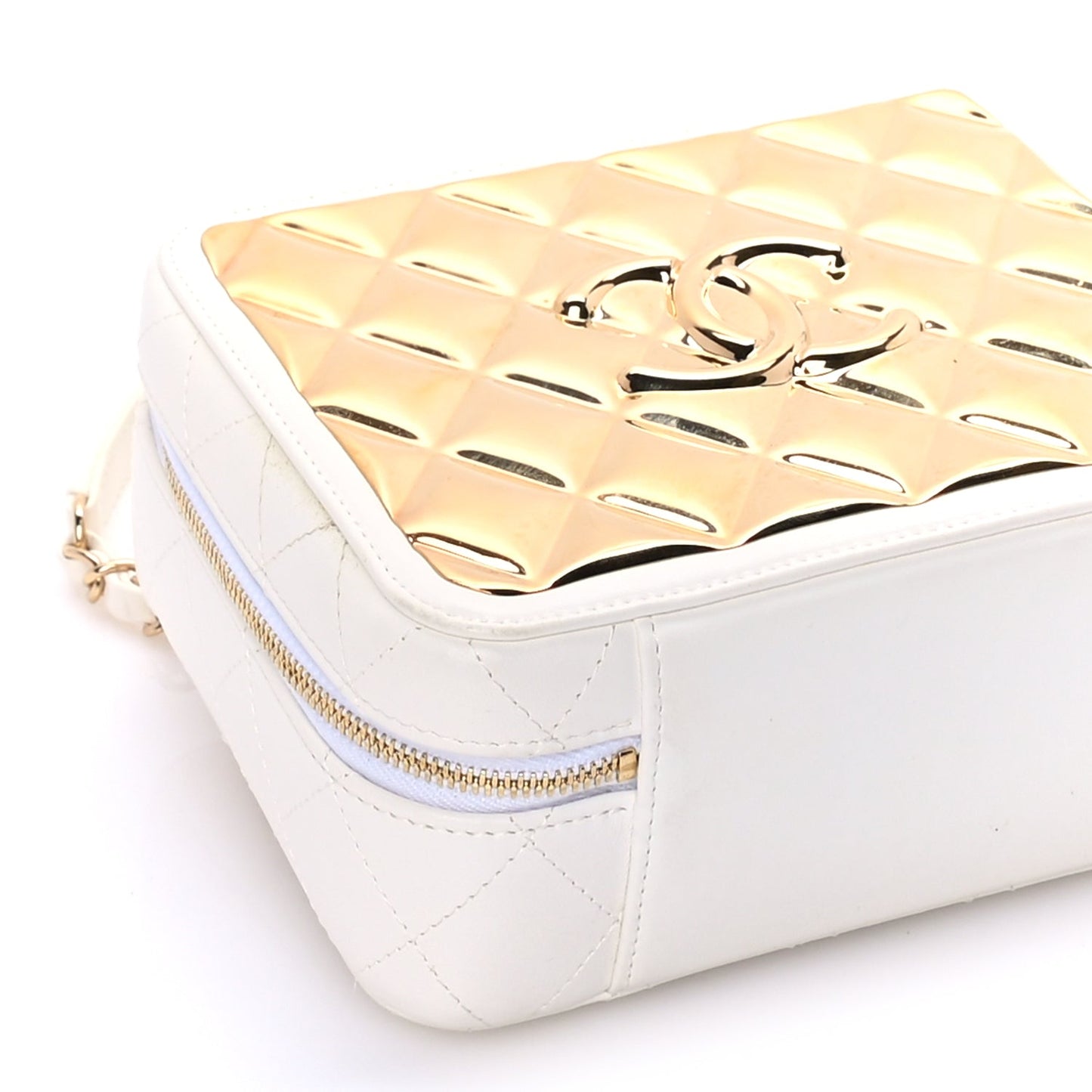 Chanel Lambskin Quilted Golden Plate Vanity Case White Gold