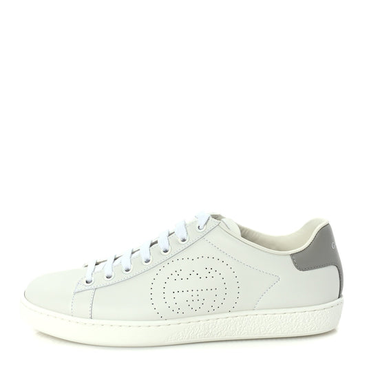 Gucci Calfskin Interlocking G Perforated Womens Ace Sneakers 37.5 White Grey Sky