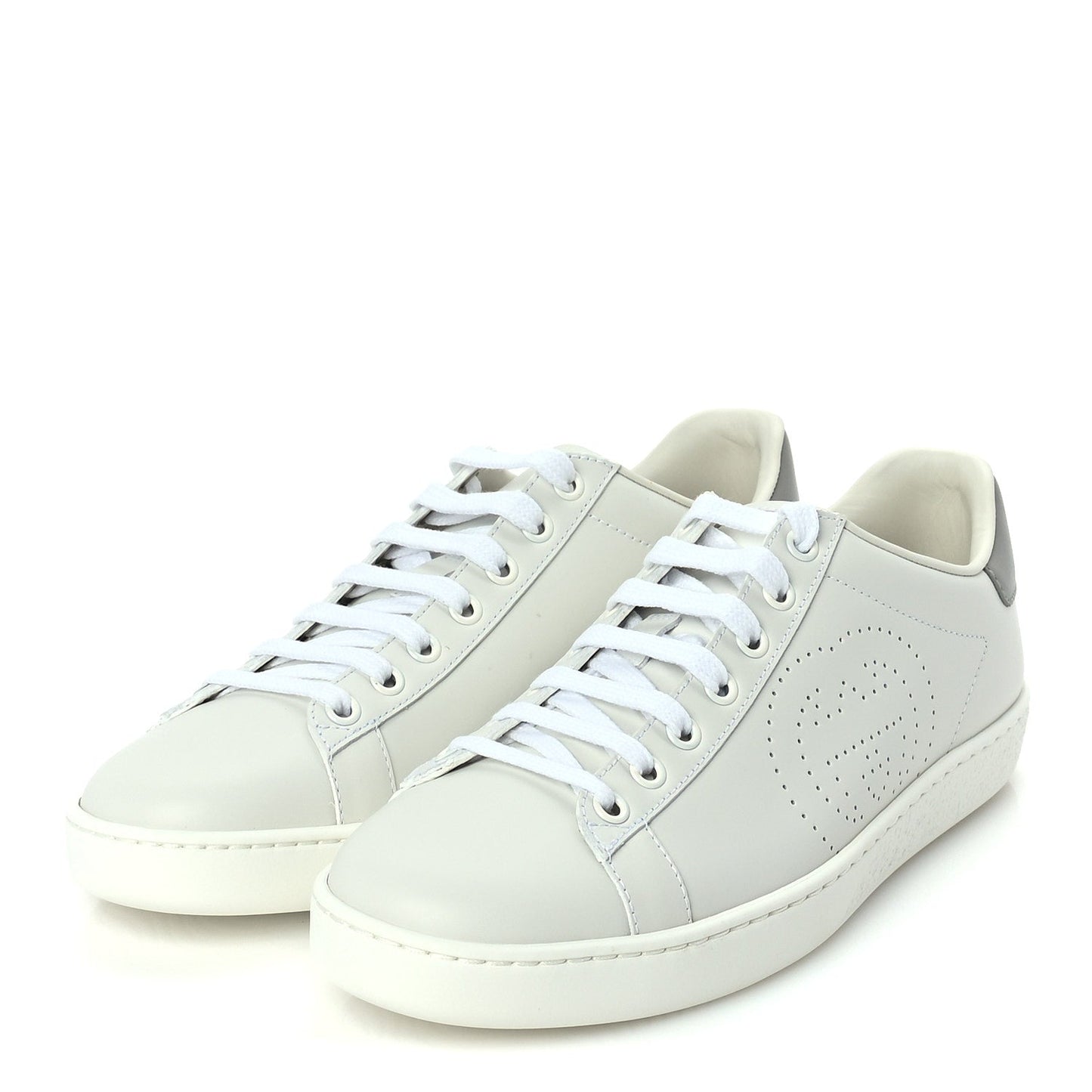 Gucci Calfskin Interlocking G Perforated Womens Ace Sneakers 37.5 White Grey Sky