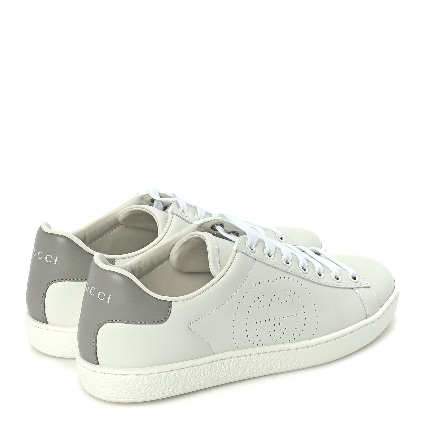 Gucci Calfskin Interlocking G Perforated Womens Ace Sneakers 37.5 White Grey Sky