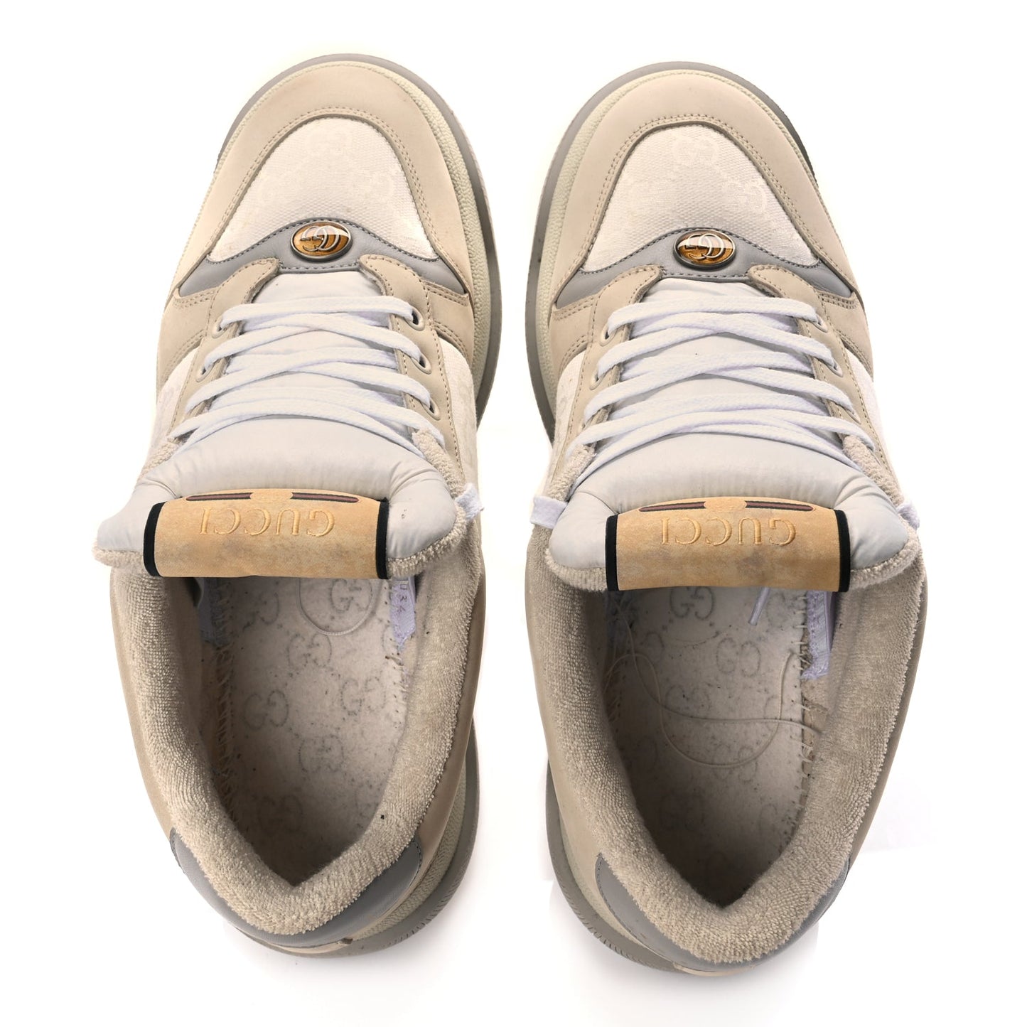 Gucci GUCCI Lame Canvas Nubuck GG Monogram Mens Screener 50mm Sneakers 8 Grey White