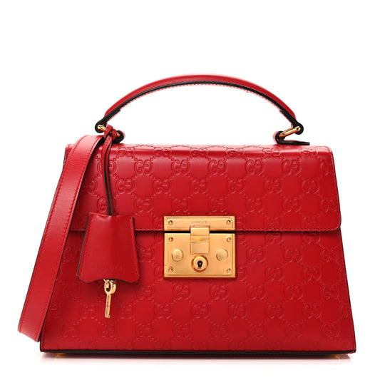 Gucci Guccissima Signature Small Padlock Top Handle Bag Hibiscus Red