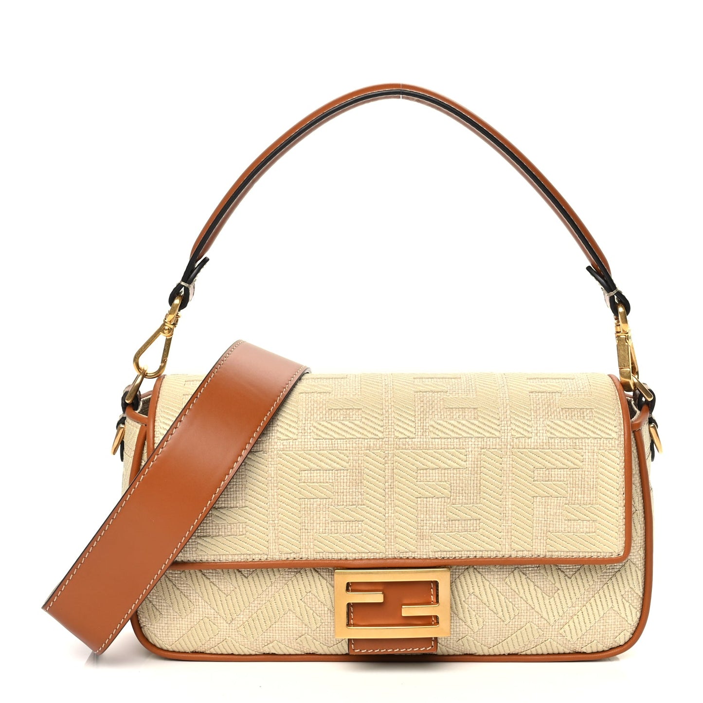 Fendi Raffia Vitello King Lucido FF Embroidered Baguette Alchemy Brandy