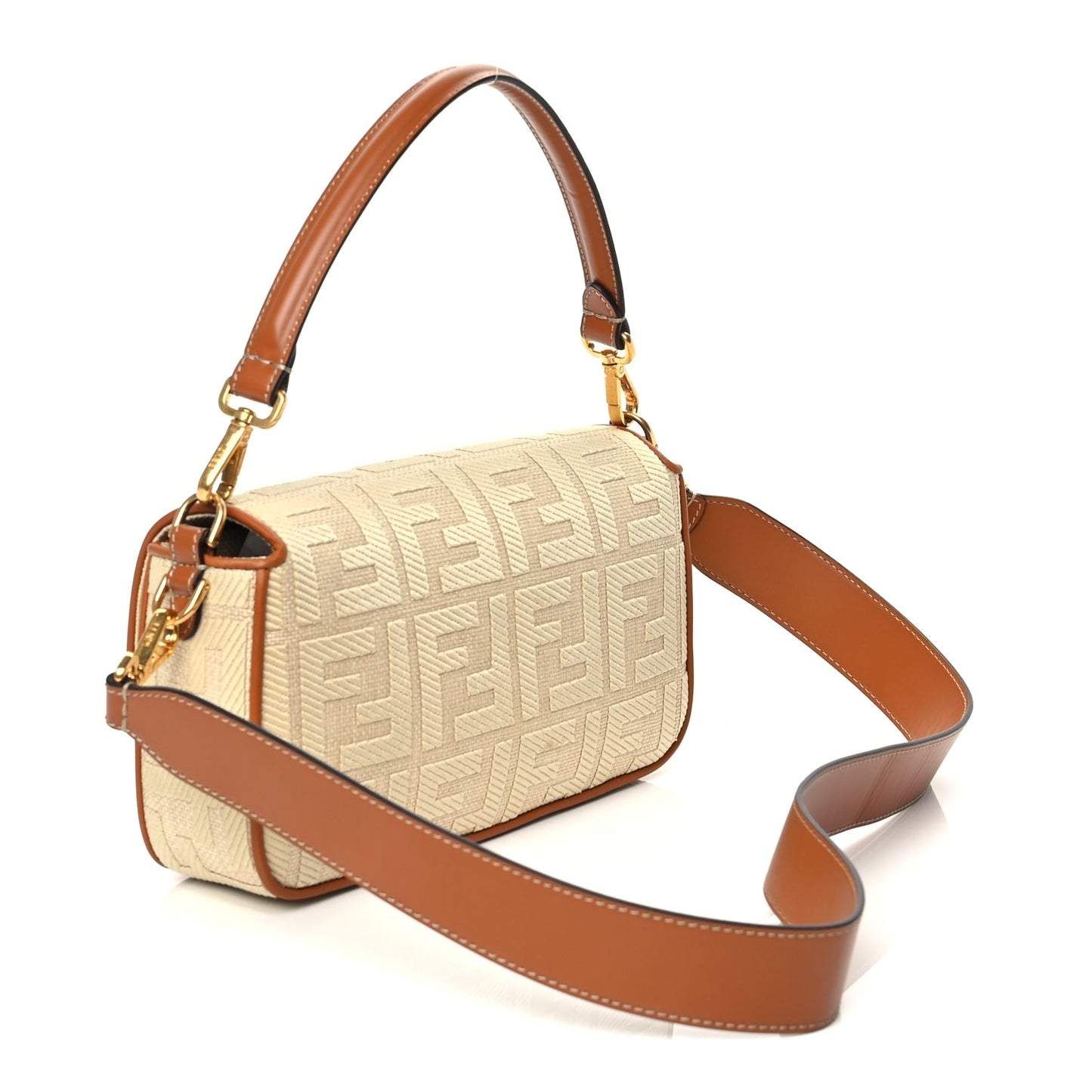 Fendi Raffia Vitello King Lucido FF Embroidered Baguette Alchemy Brandy