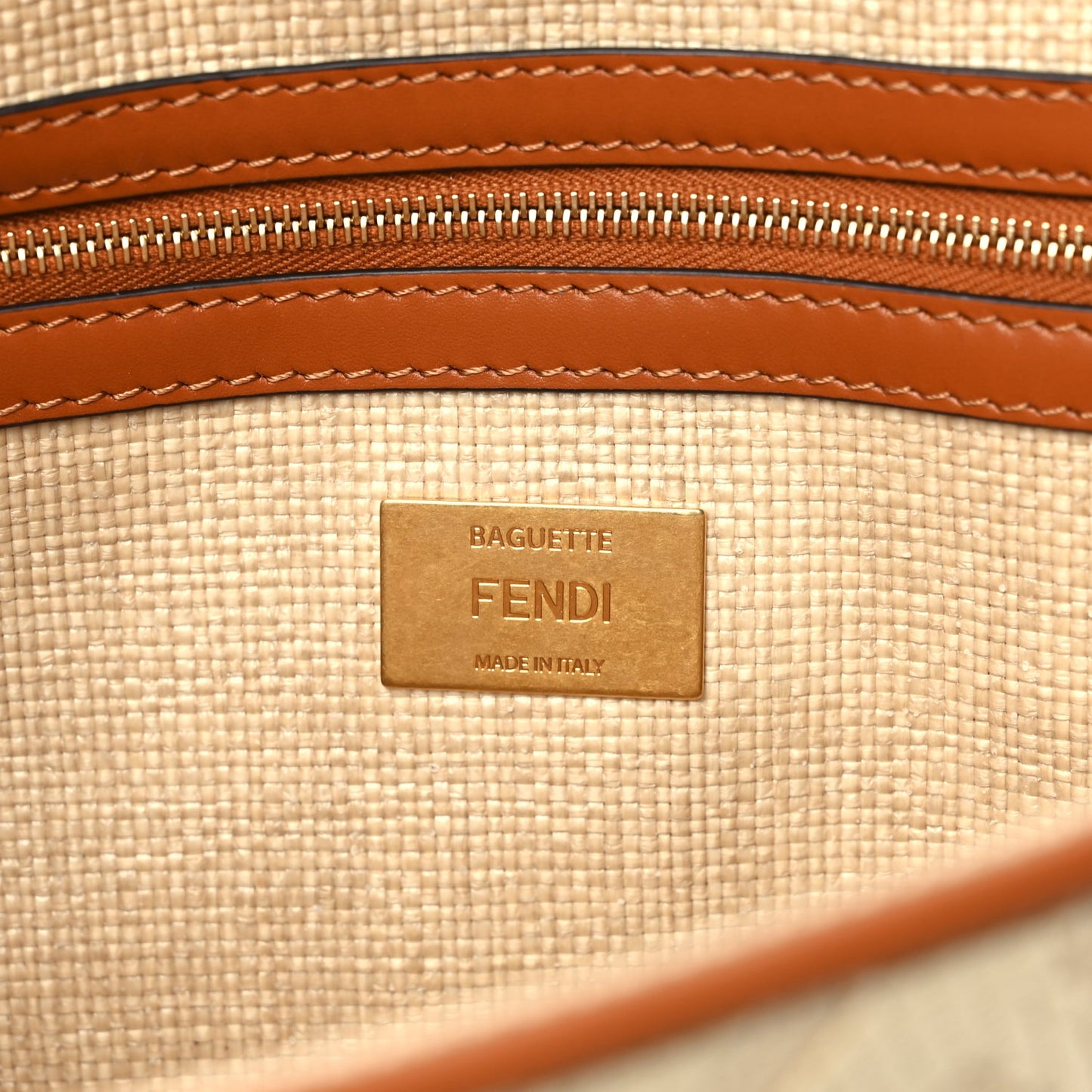 Fendi Raffia Vitello King Lucido FF Embroidered Baguette Alchemy Brandy