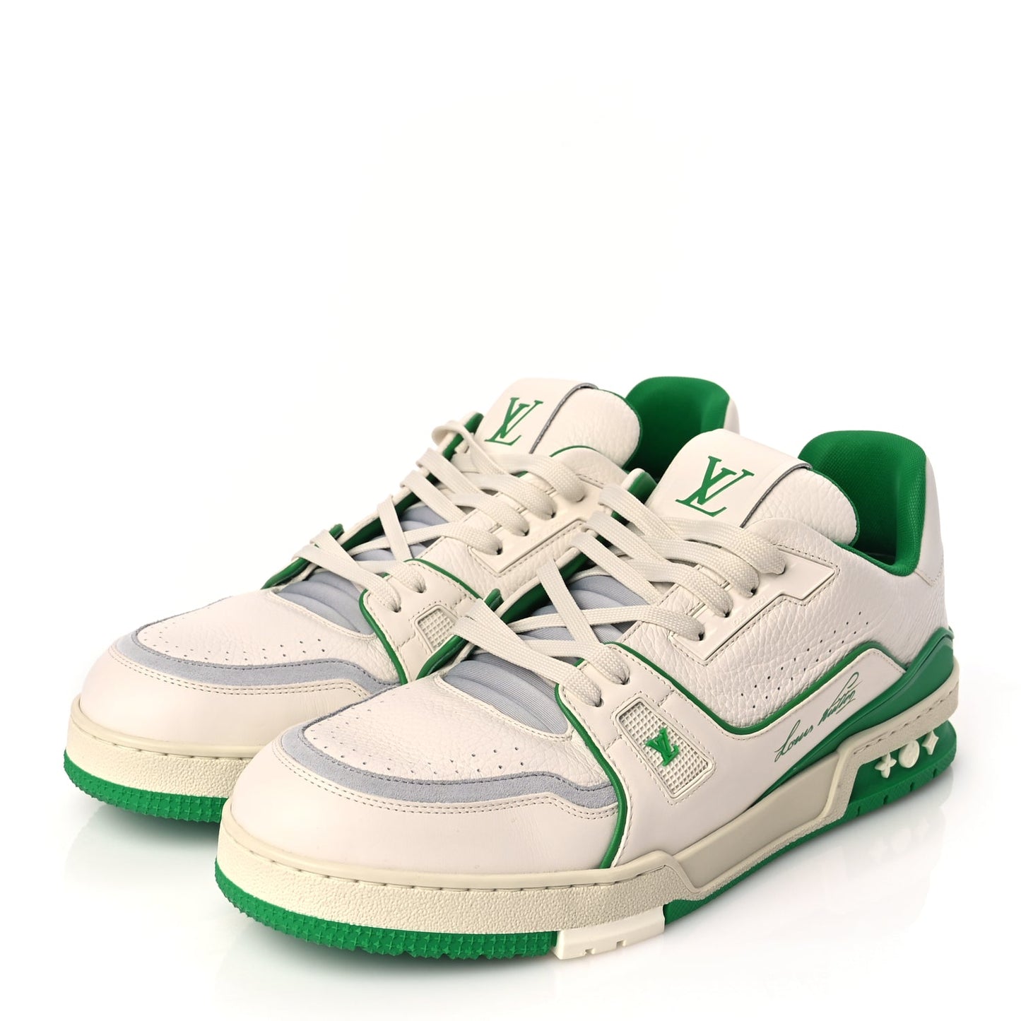 Louis Vuitton Grained Calfskin Script Mens LV Trainer Sneakers 10 Green