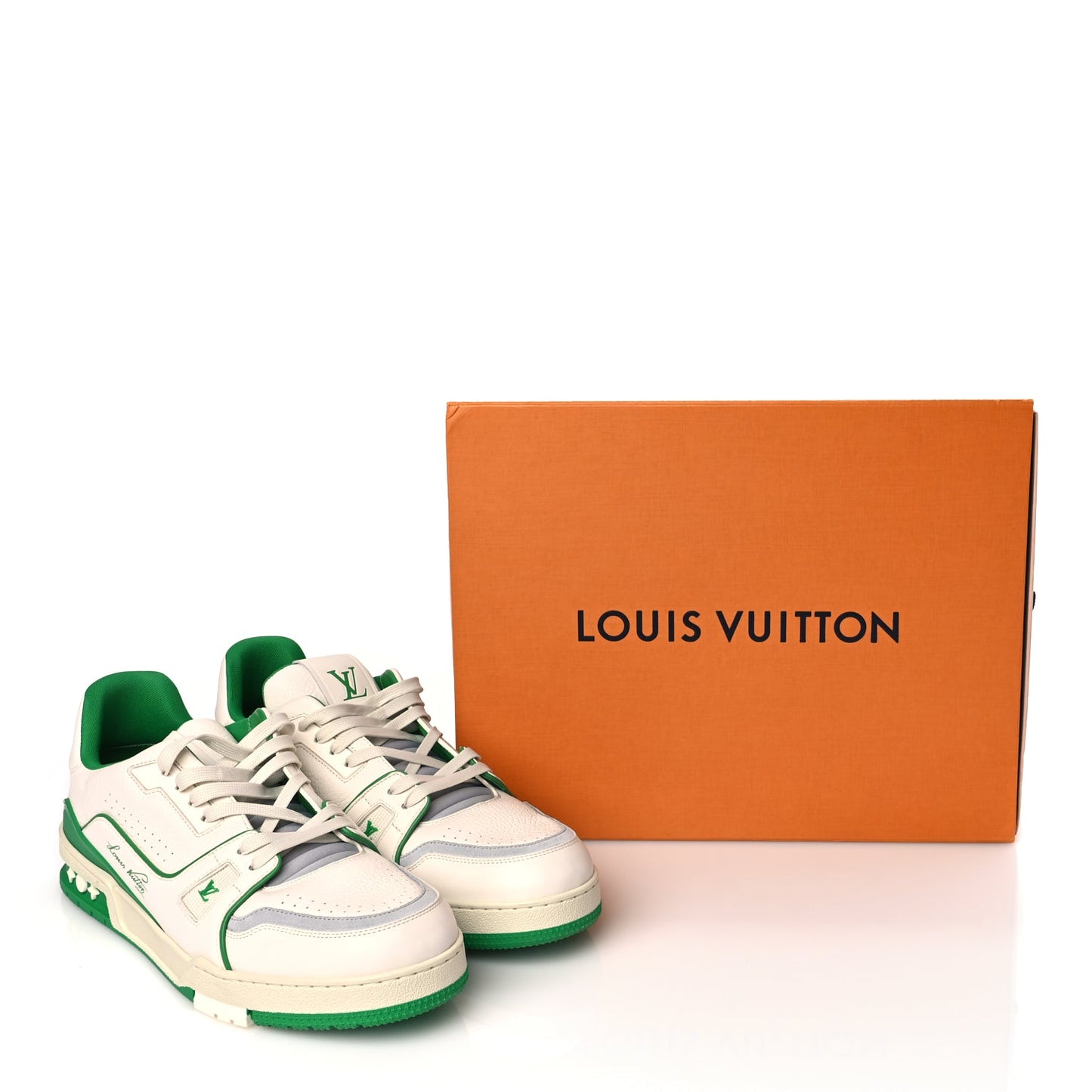Louis Vuitton Grained Calfskin Script Mens LV Trainer Sneakers 10 Green