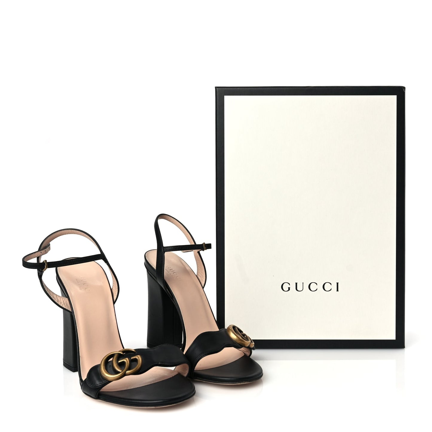 Gucci Lifford Calfskin GG Marmont Ankle Wrap 105mm Sandals Black