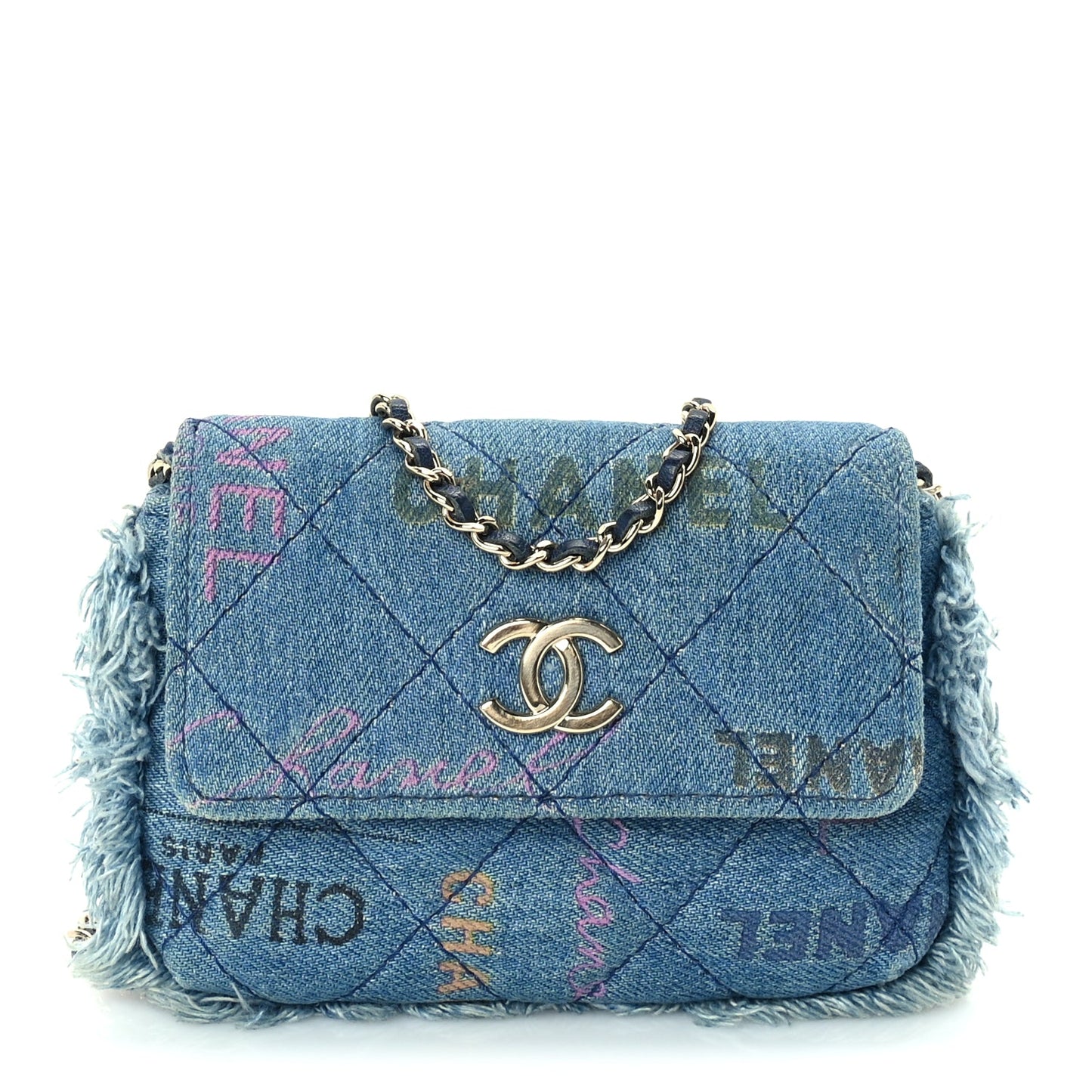 Chanel Denim Quilted Denim Mood Clutch With Chain Blue Multicolor