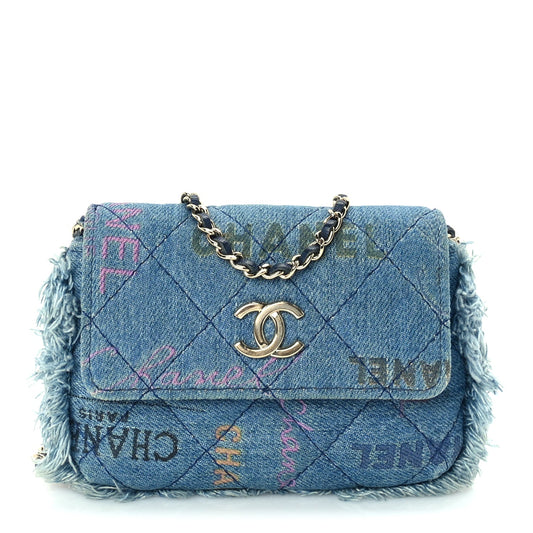 Chanel Denim Quilted Denim Mood Clutch With Chain Blue Multicolor