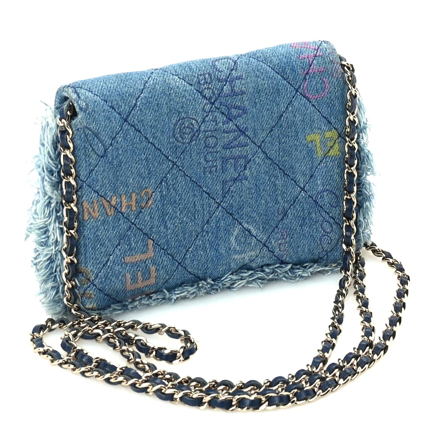 Chanel Denim Quilted Denim Mood Clutch With Chain Blue Multicolor