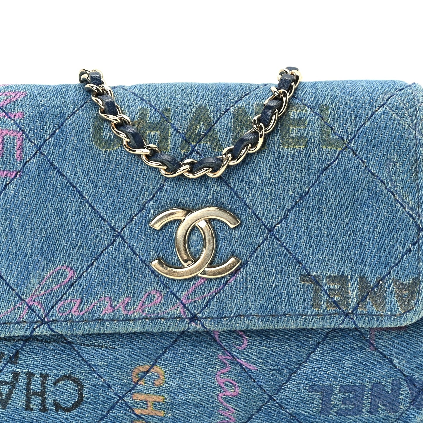 Chanel Denim Quilted Denim Mood Clutch With Chain Blue Multicolor