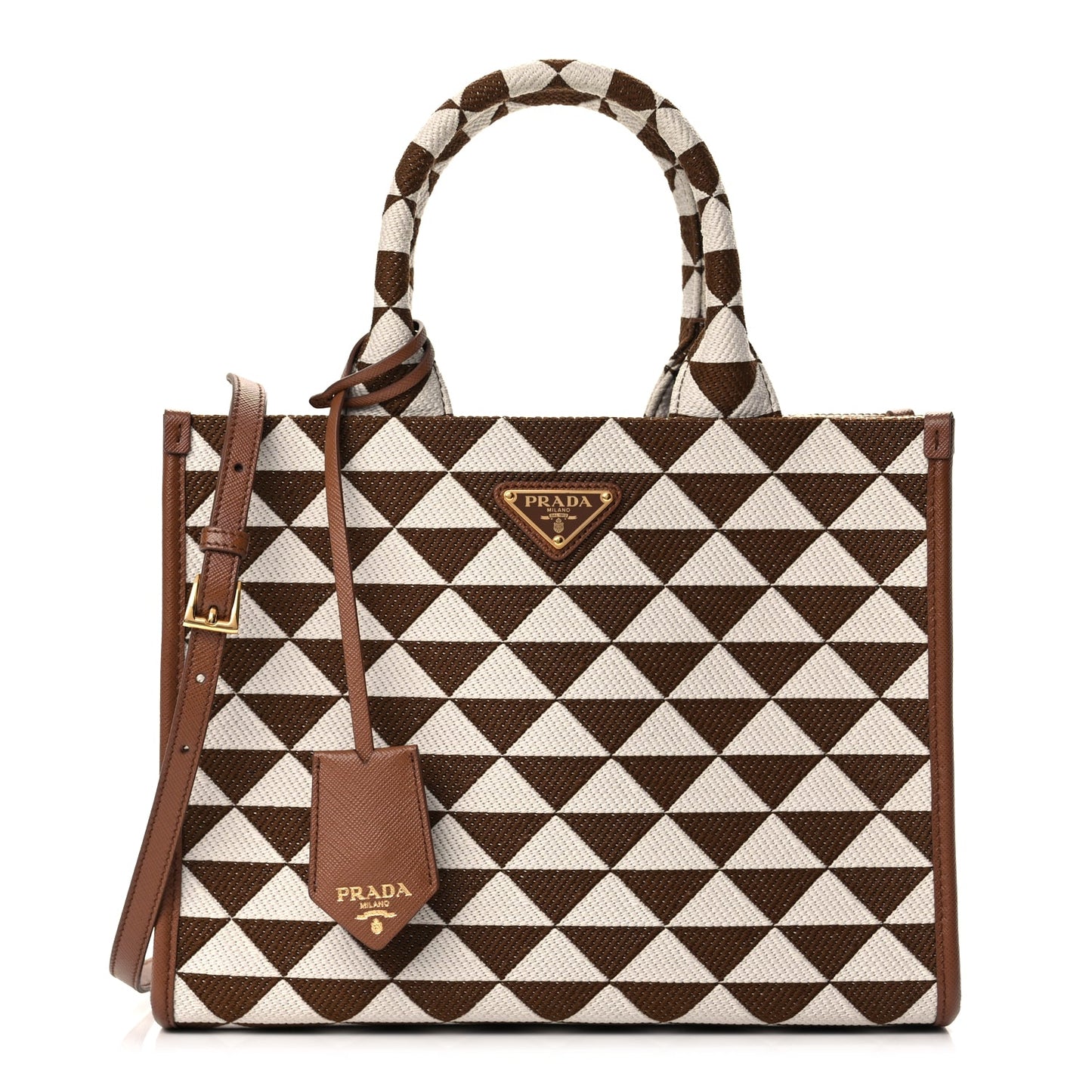 Prada Jacquard Saffiano Triangolo Symbole Embroidered Small Tote Tobacco Talco Tabacco/Talco