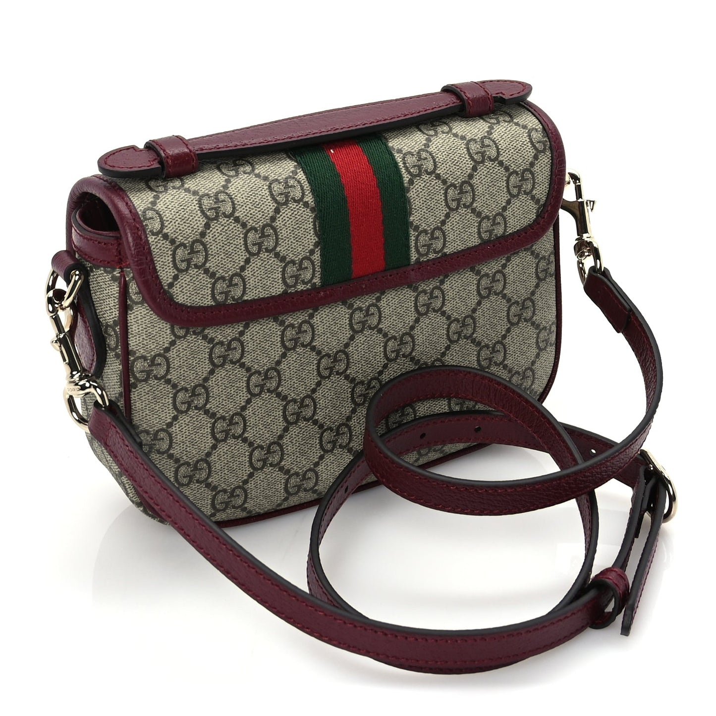 Gucci GG Supreme Monogram Textured Dollar Calfskin Small Ophidia Top Handle Shoulder Bag Beige Bordeaux