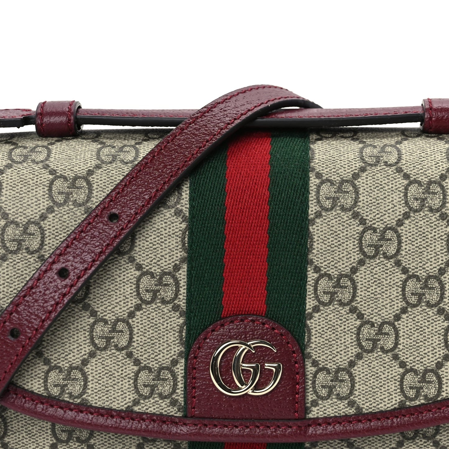 Gucci GG Supreme Monogram Textured Dollar Calfskin Small Ophidia Top Handle Shoulder Bag Beige Bordeaux