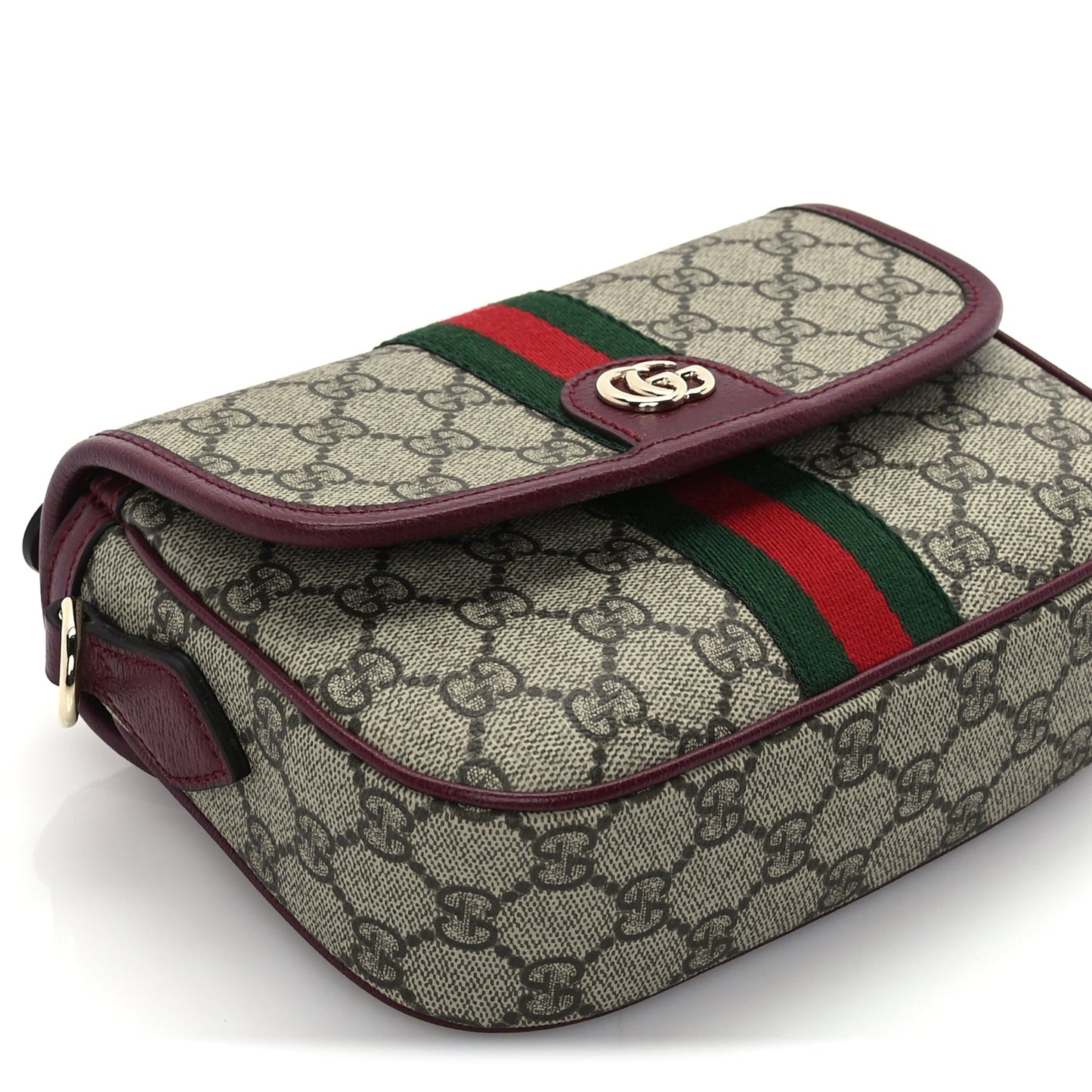 Gucci GG Supreme Monogram Textured Dollar Calfskin Small Ophidia Top Handle Shoulder Bag Beige Bordeaux