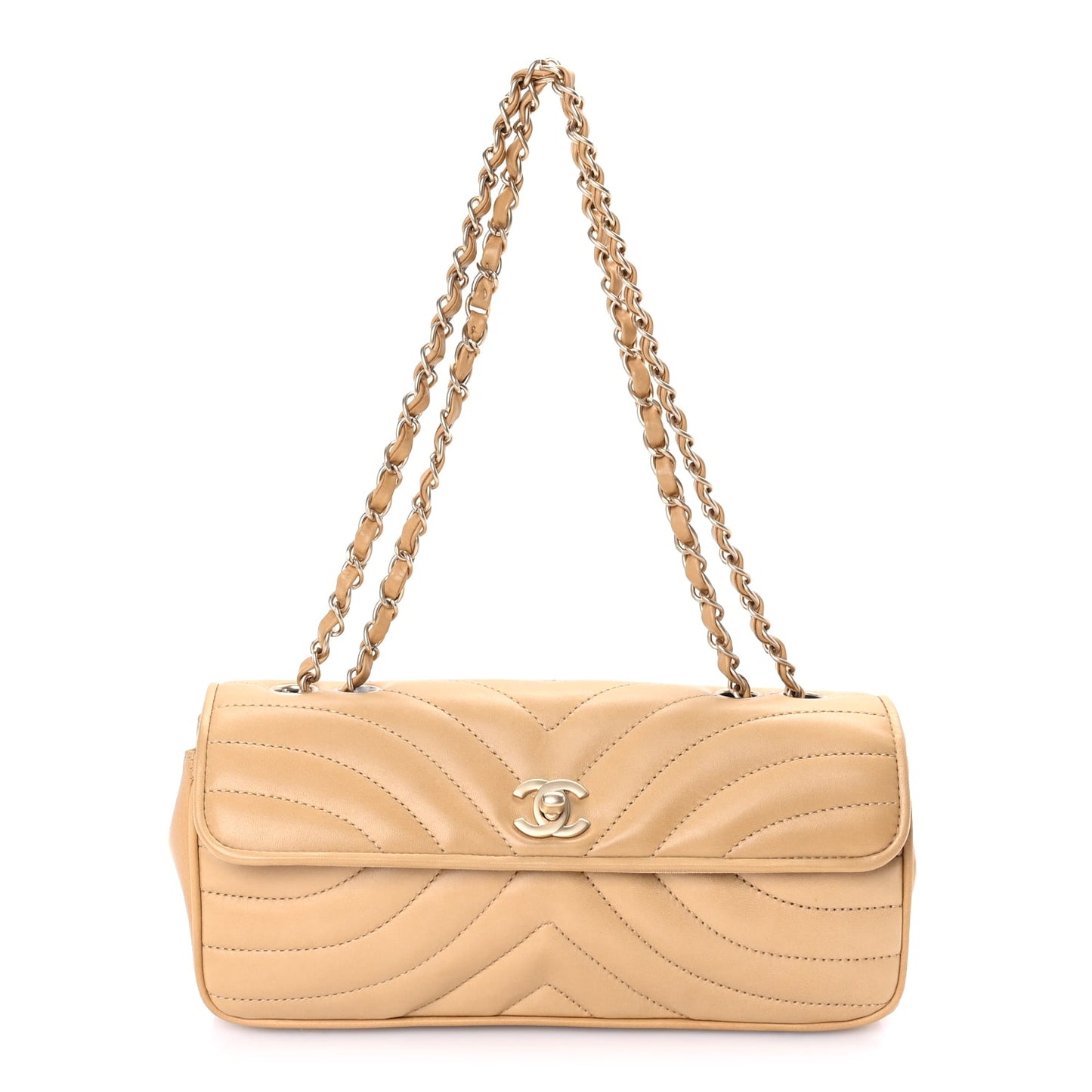 Chanel Lambskin Chevron Small East West Single Flap Bag Beige