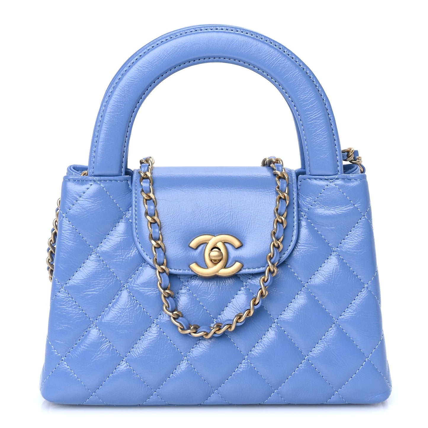 Chanel Shiny Aged Calfskin Quilted Nano Kelly Shopper Blue Blue
