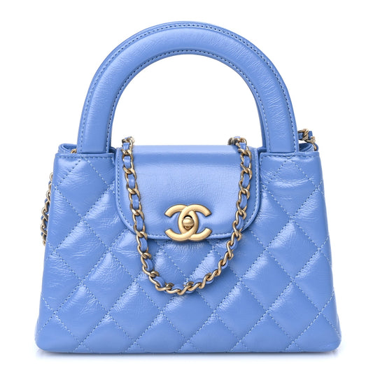 Chanel Shiny Aged Calfskin Quilted Nano Kelly Shopper Blue Blue