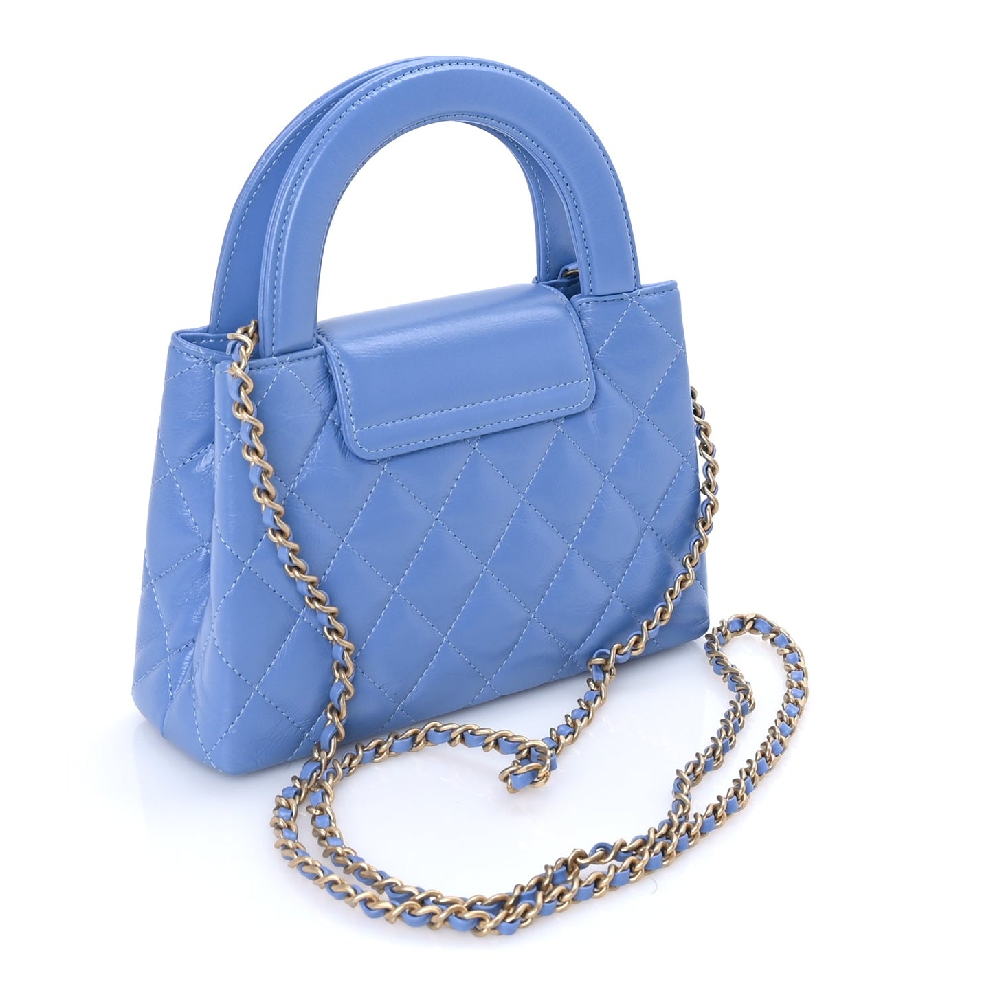 Chanel Shiny Aged Calfskin Quilted Nano Kelly Shopper Blue Blue
