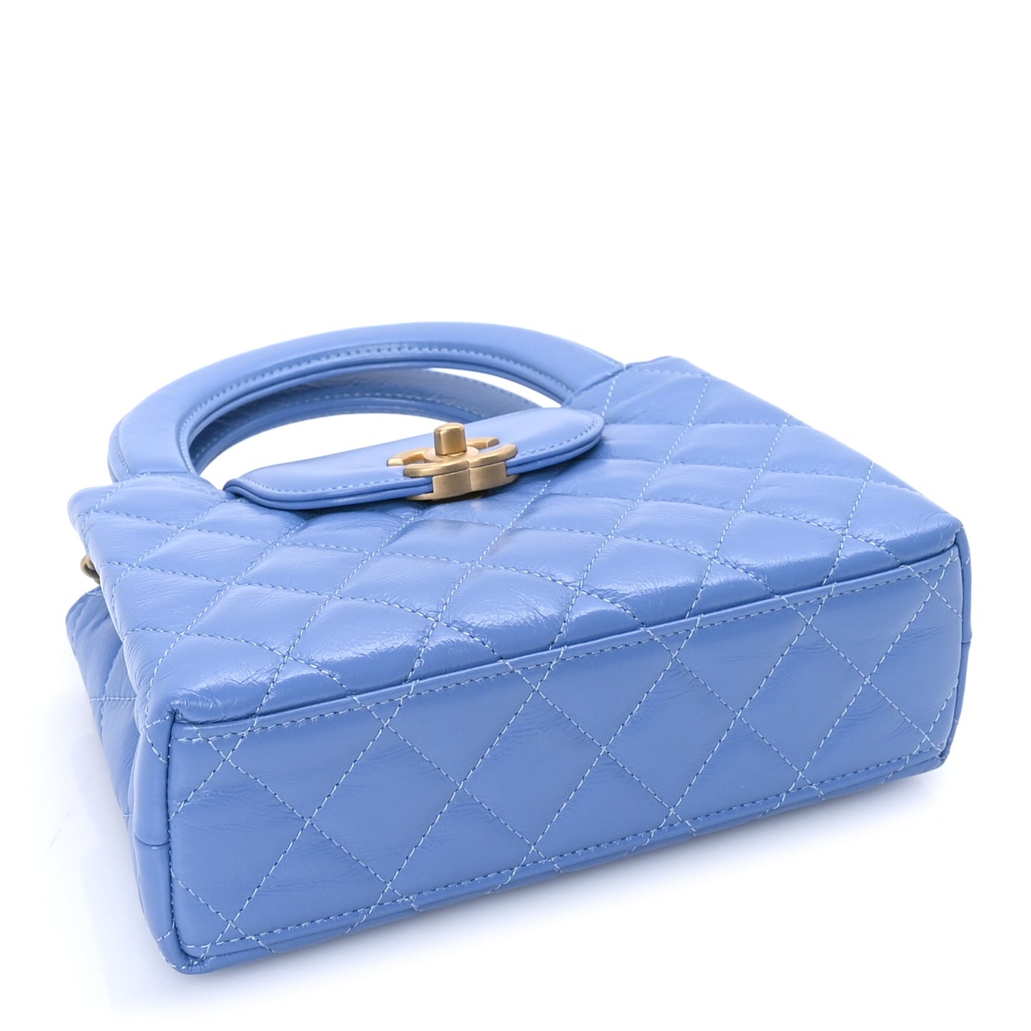 Chanel Shiny Aged Calfskin Quilted Nano Kelly Shopper Blue Blue