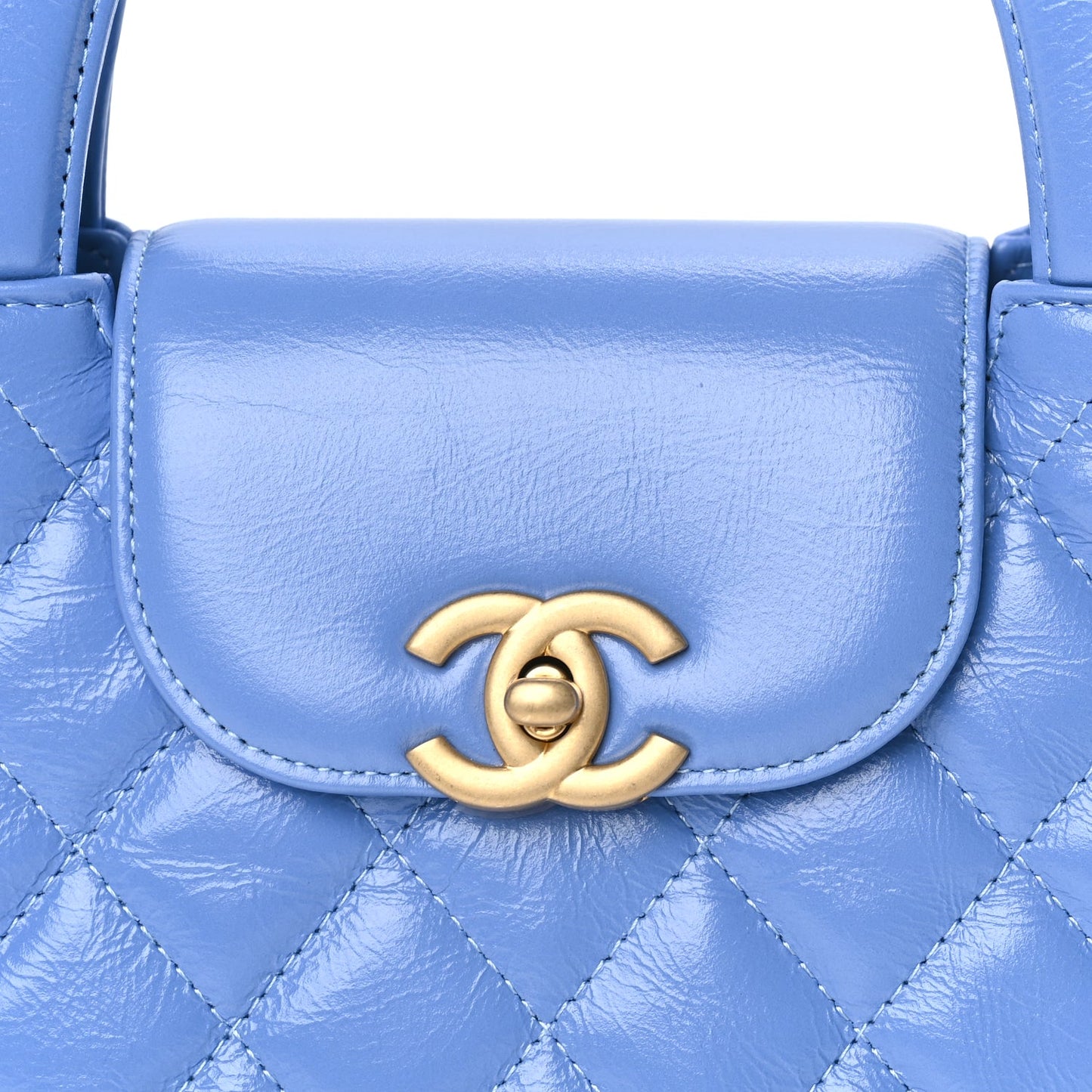 Chanel Shiny Aged Calfskin Quilted Nano Kelly Shopper Blue Blue