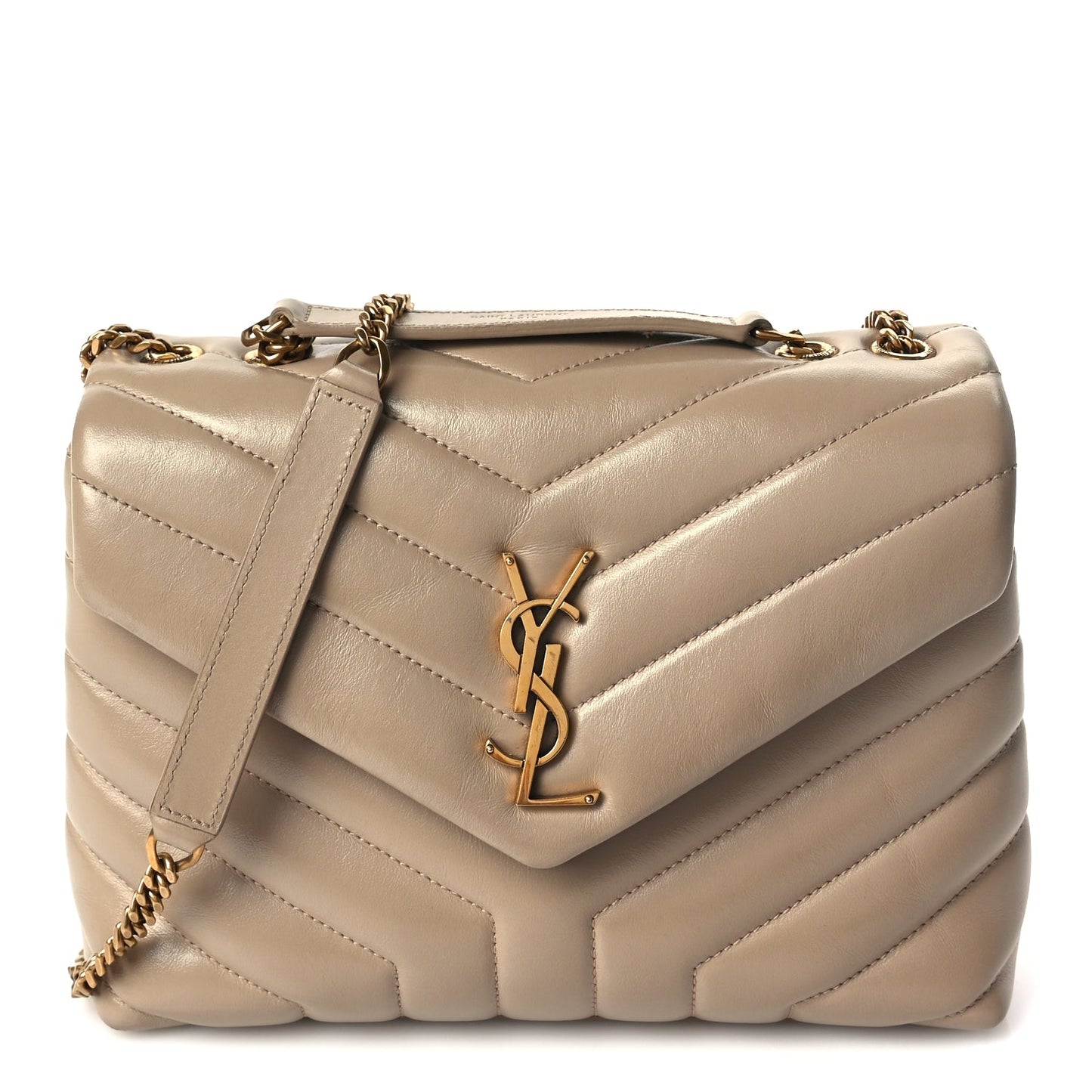 Saint Laurent Calfskin Y Quilted Monogram Small Loulou Chain Satchel Dark Beige