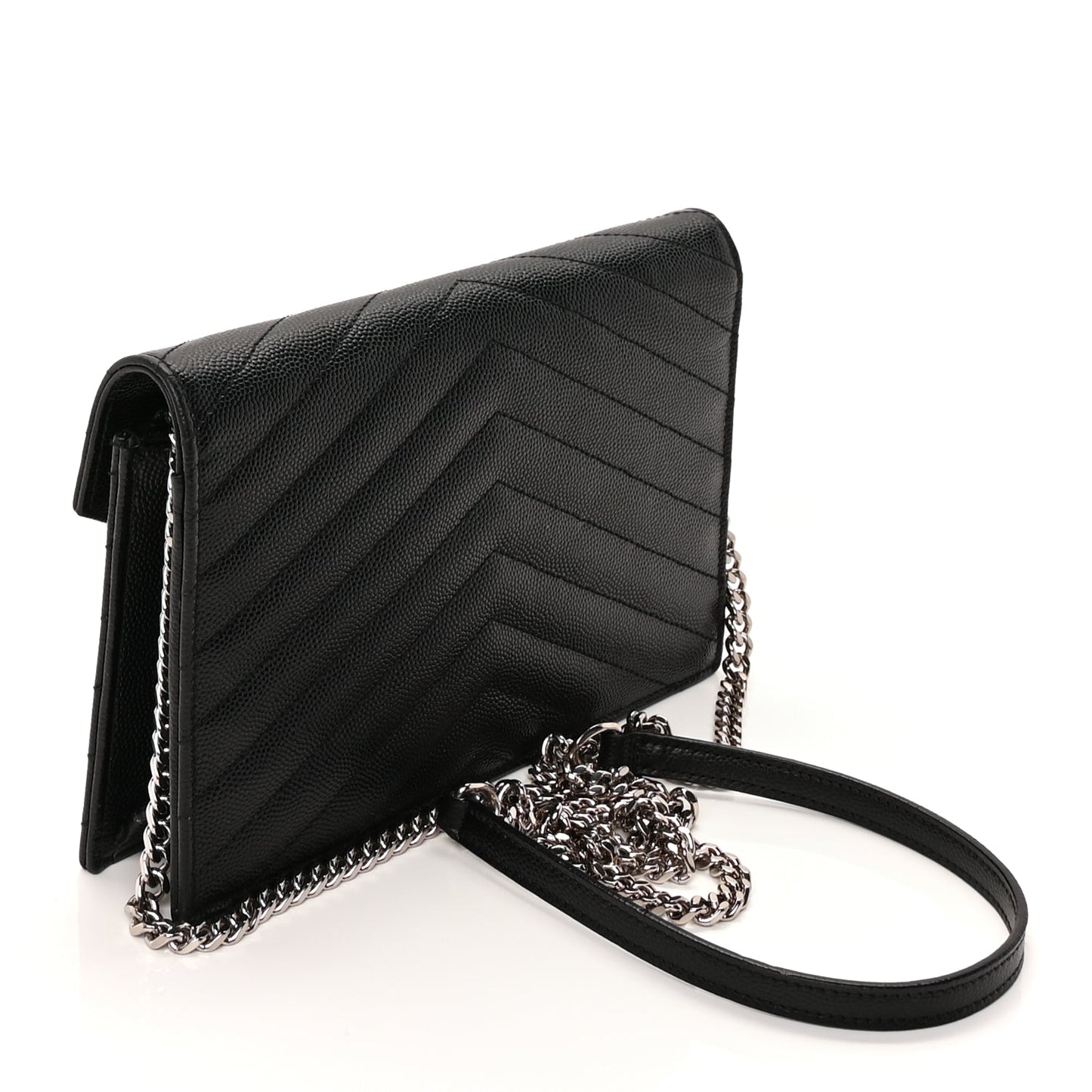 Saint Laurent Grain De Poudre Matelasse Chevron Monogram Envelope Chain Wallet Black