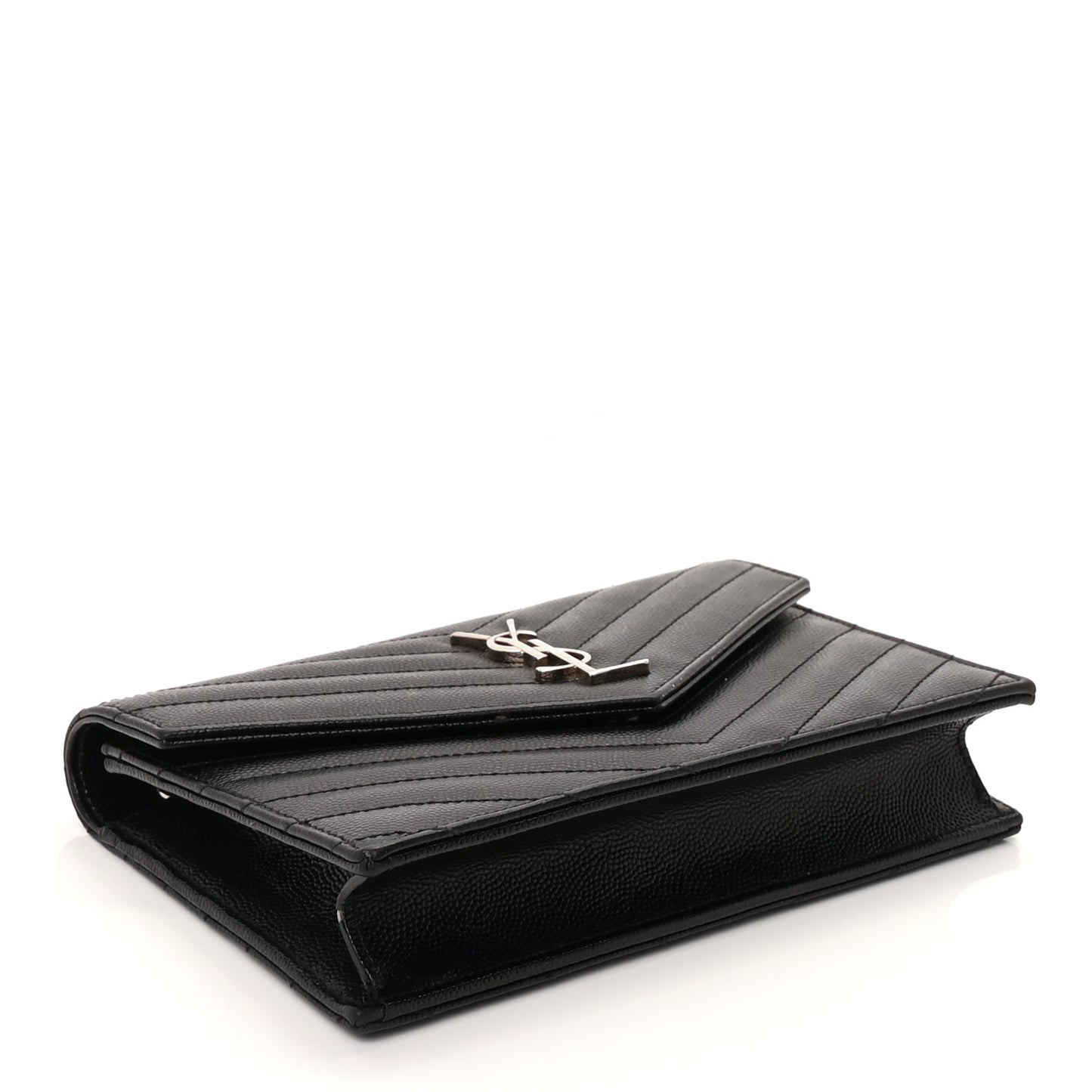Saint Laurent Grain De Poudre Matelasse Chevron Monogram Envelope Chain Wallet Black
