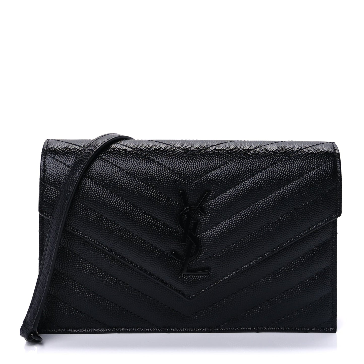 Saint Laurent Grain De Poudre Matelasse Chevron Monogram Monochrome Envelope Chain Wallet Black