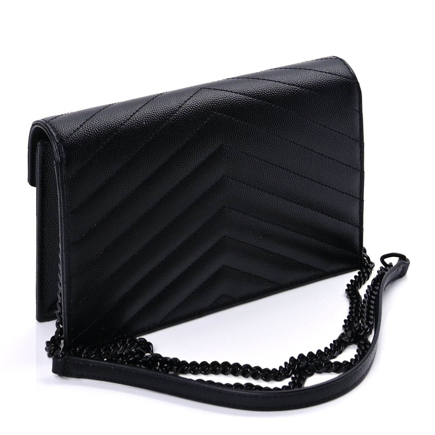 Saint Laurent Grain De Poudre Matelasse Chevron Monogram Monochrome Envelope Chain Wallet Black