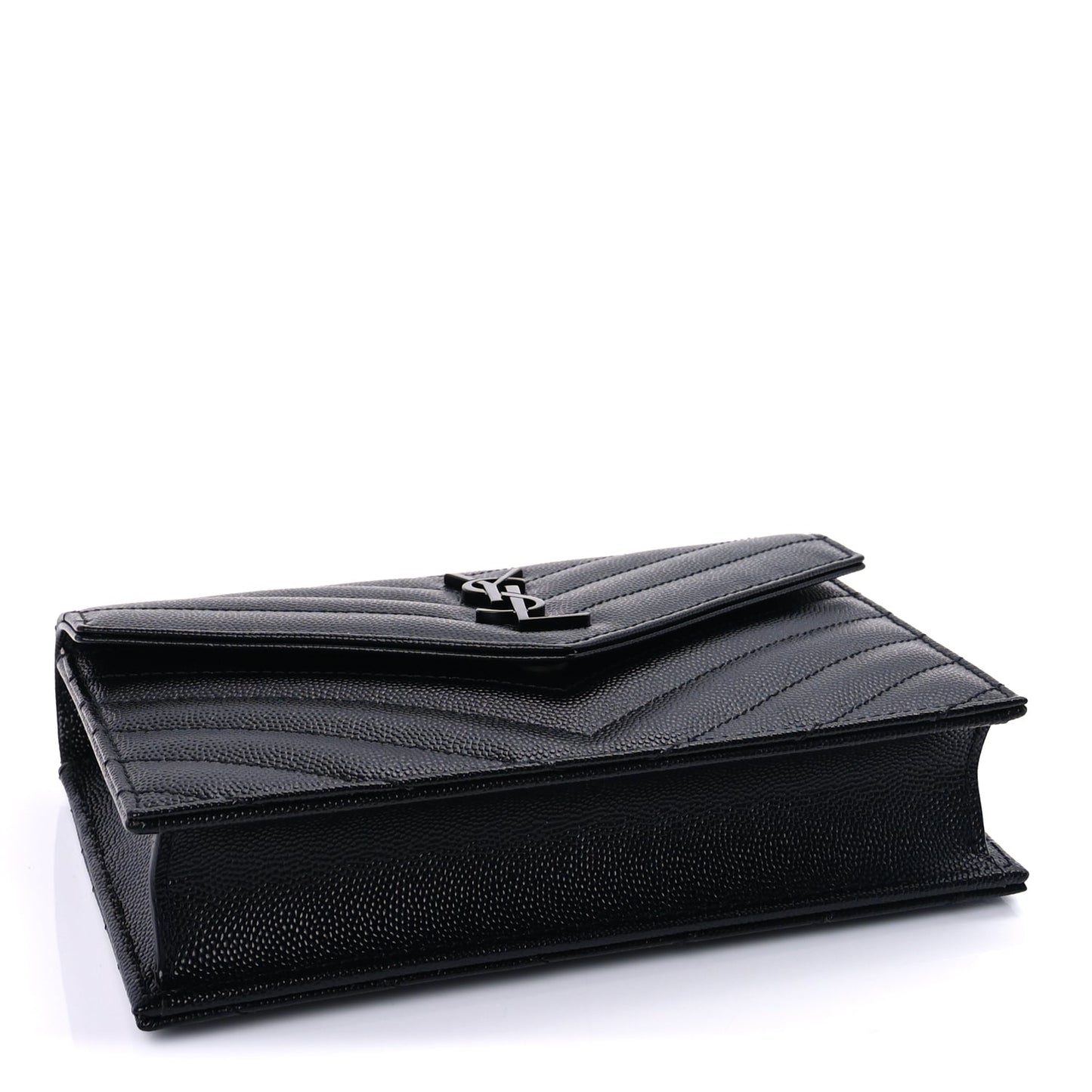 Saint Laurent Grain De Poudre Matelasse Chevron Monogram Monochrome Envelope Chain Wallet Black