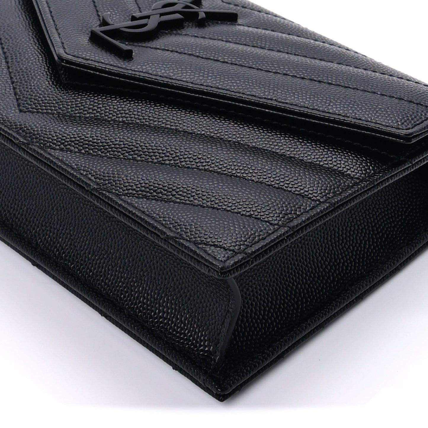 Saint Laurent Grain De Poudre Matelasse Chevron Monogram Monochrome Envelope Chain Wallet Black