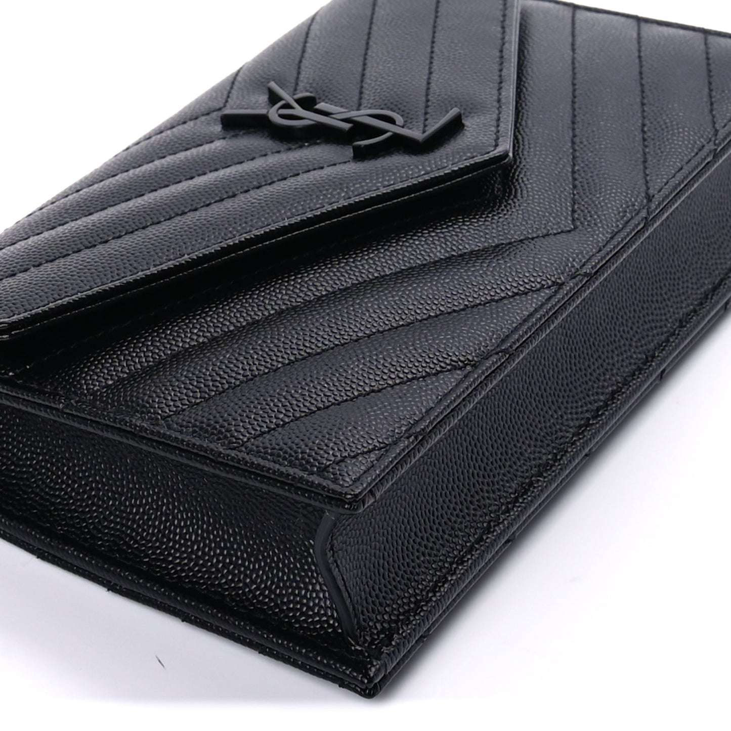 Saint Laurent Grain De Poudre Matelasse Chevron Monogram Monochrome Envelope Chain Wallet Black
