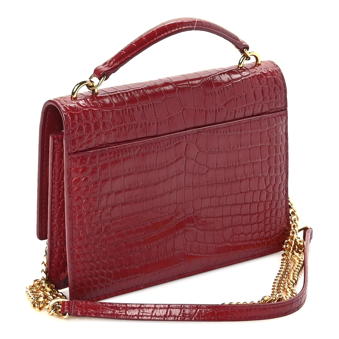 Saint Laurent Calfskin Crocodile Embossed Monogram Sunset Top Handle Chain Wallet Rouge Legion