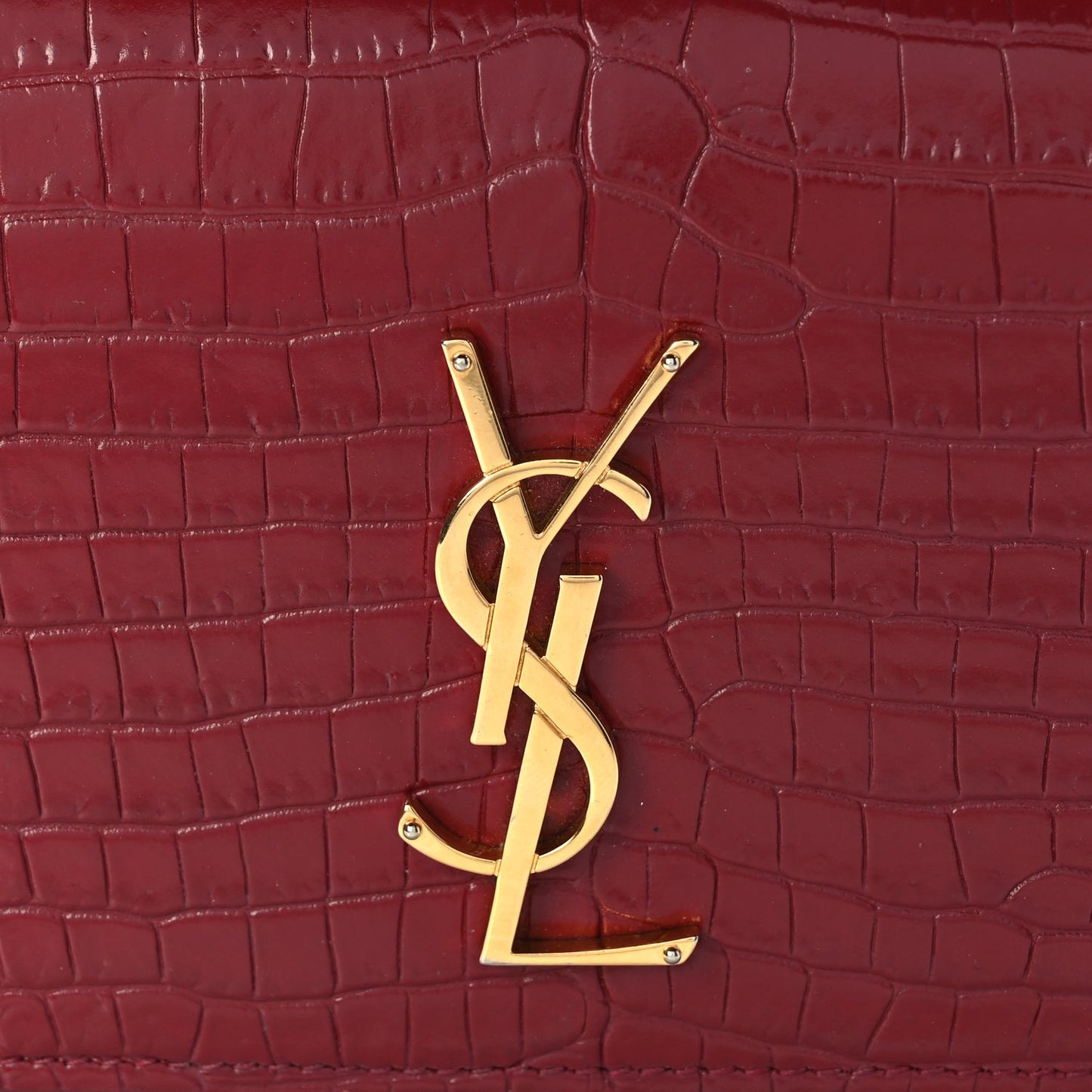 Saint Laurent Calfskin Crocodile Embossed Monogram Sunset Top Handle Chain Wallet Rouge Legion